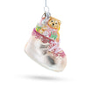 Glass Teddy Bear Nestled in Pink Boot - Baby's First Blown - Lovable Blown Glass Christmas Ornament in Pink color