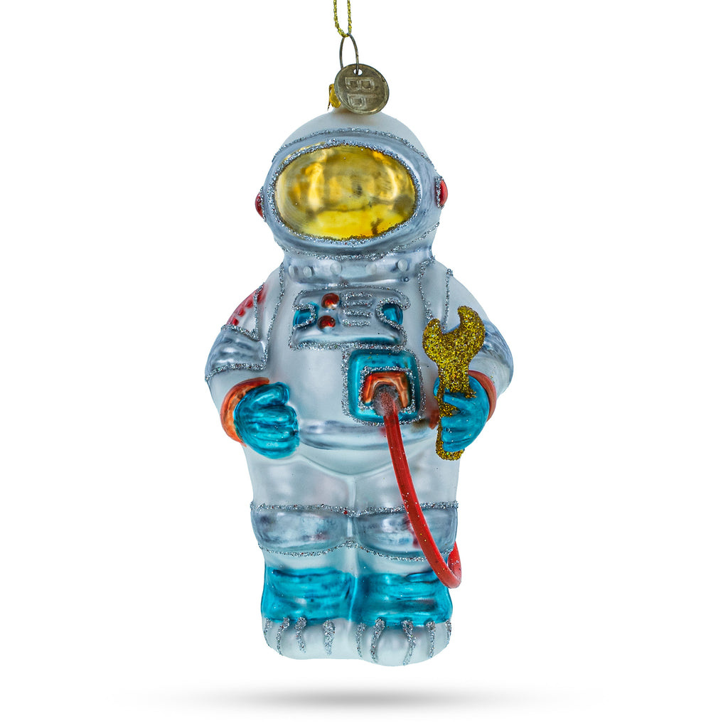 Glass Cosmic Astronaut in Open Space - Handcrafted Blown Glass Christmas Ornament in Silver color