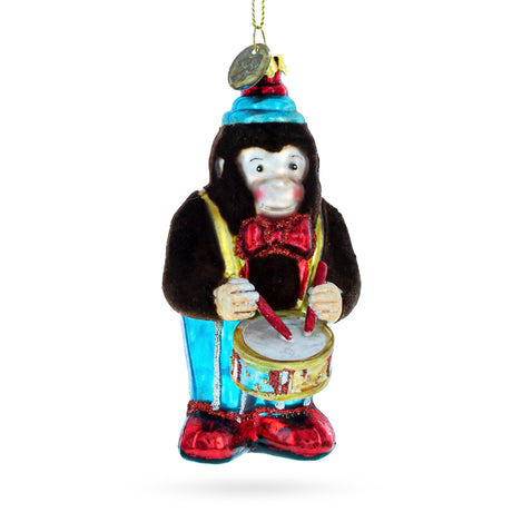 Glass Playful Fluffy Monkey Drumming - Artisan Blown Glass Christmas Ornament in Brown color