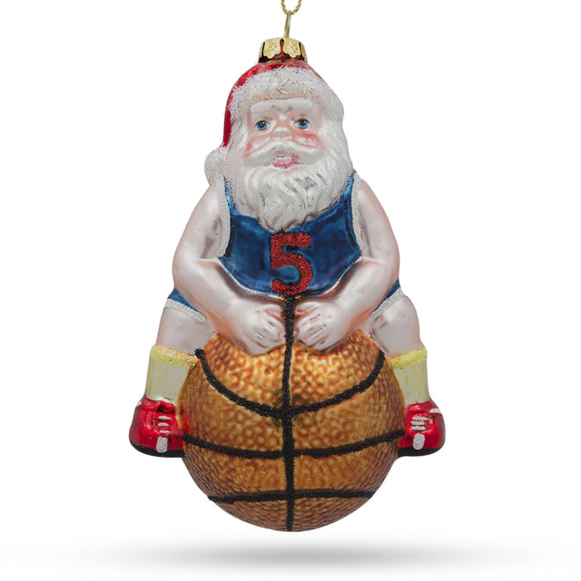 Cheerful Santa Basketball Player - Festive Blown Glass Christmas Ornament in Multi color,  shape