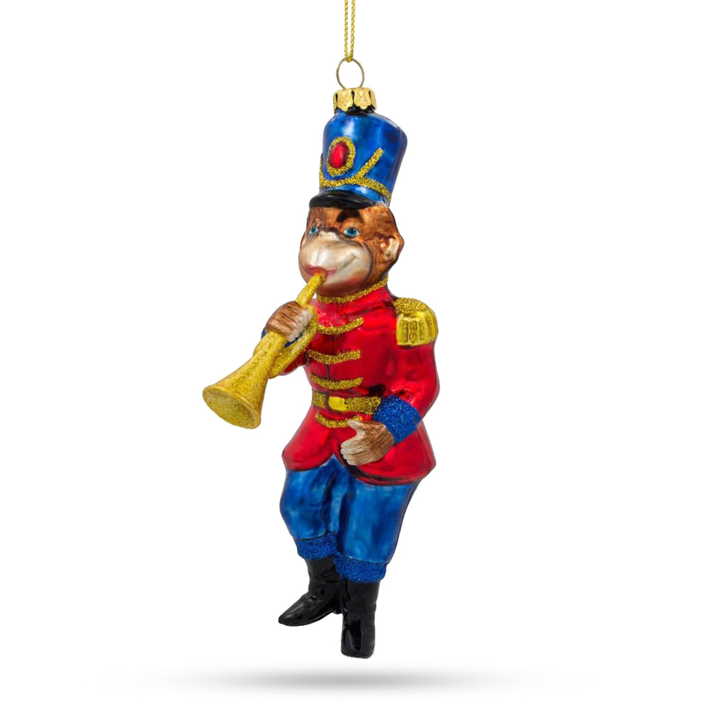 Glass Cheerful Monkey Nutcracker with Trumpet - Blown Glass Christmas Ornament in Red color