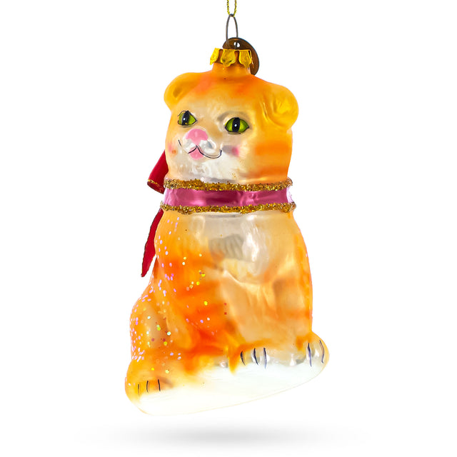 Glass Exquisite Striped Siberian Cat - Blown Glass Christmas Ornament in Orange color