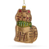 Glass Sparkling Glittered Gingerbread Cat Holding a Fish - Blown Glass Christmas Ornament in Brown color