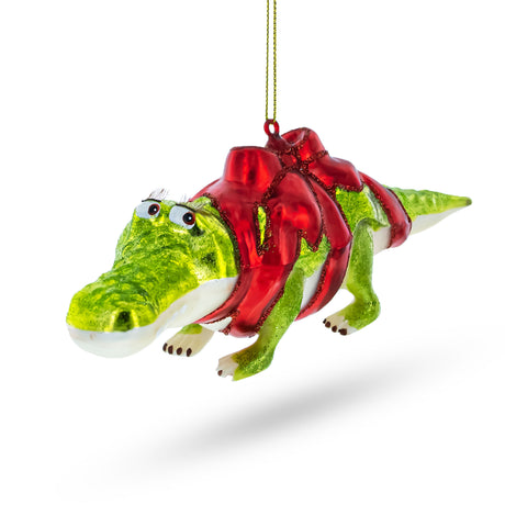 Glass Alligator Adorned with Gift Ribbon - Blown Glass Christmas Ornament in Multi color