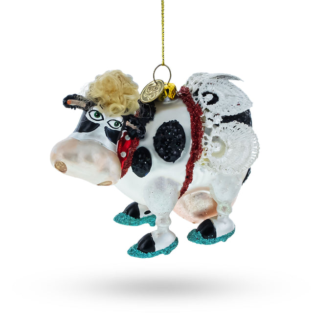 Glass Fantastical Cow Sporting Wings - Blown Glass Christmas Ornament in Multi color
