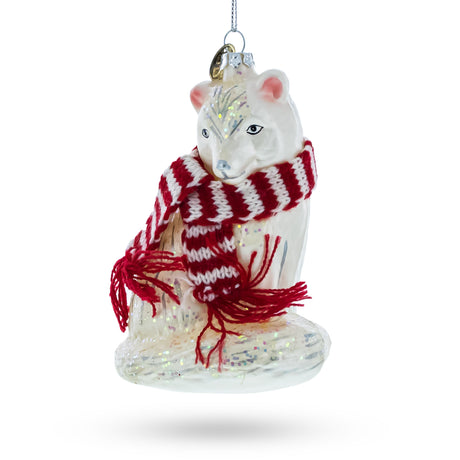 Glass Arctic Fox with Scarf - Blown Glass Christmas Ornament in White color