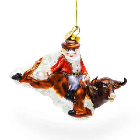 Glass Daring Santa Riding a Bull on the Rodeo - Blown Glass Christmas Ornament in Multi color