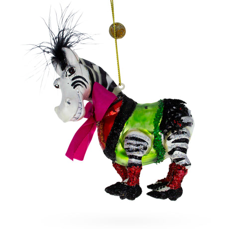 Glass Dashing Zebra in Costume - Blown Glass Christmas Ornament in Multi color