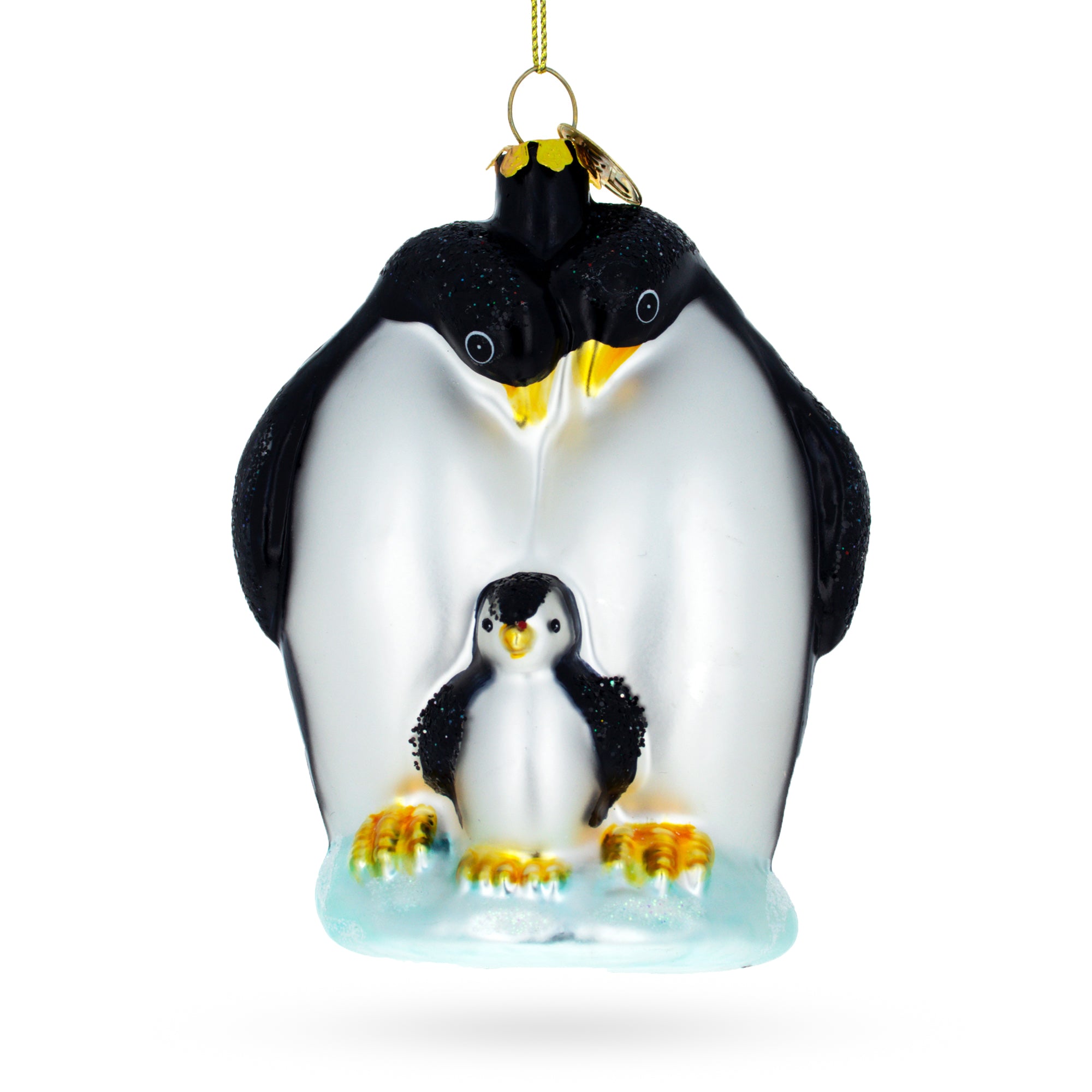 Tender Penguins with Baby Chick Glass Christmas Ornament in Multi color Figurine