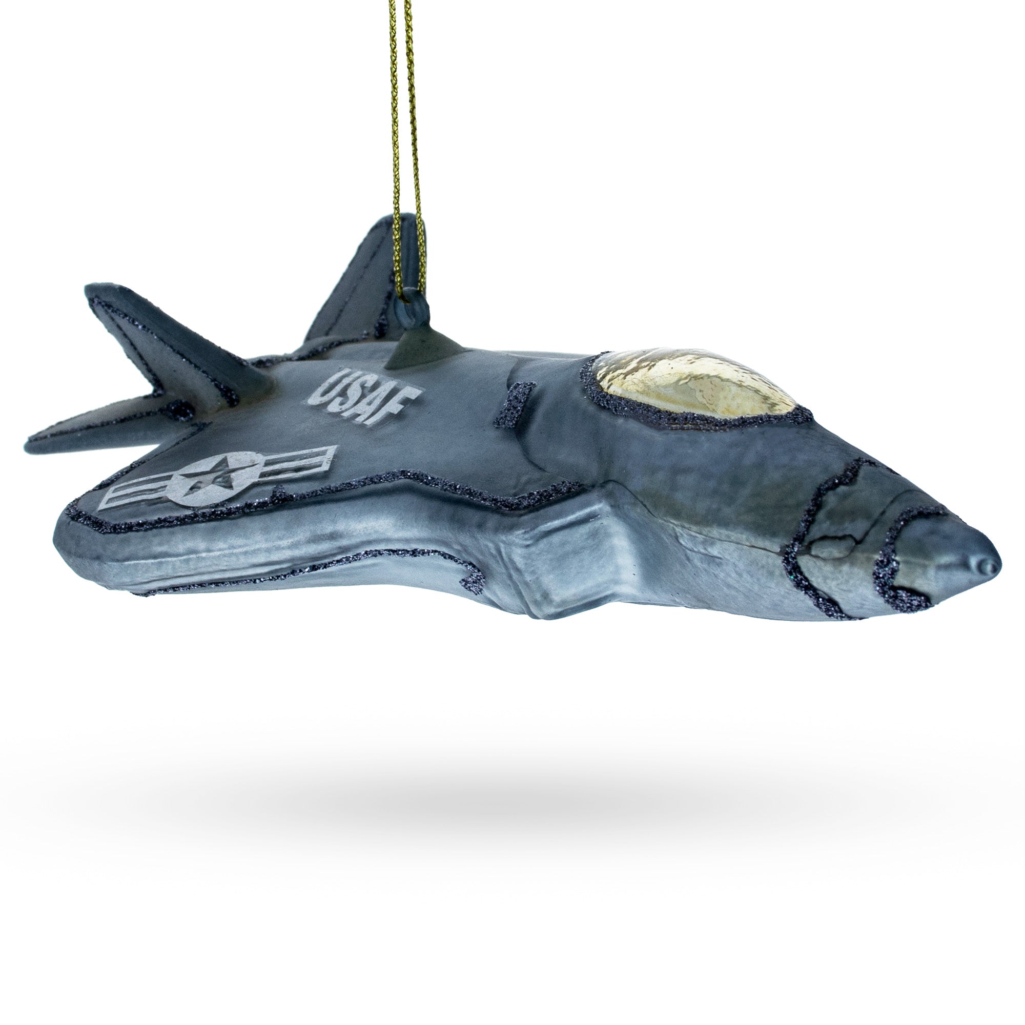 US Army Fighter Jet Blown Glass Christmas Ornament in Gray color Figurine
