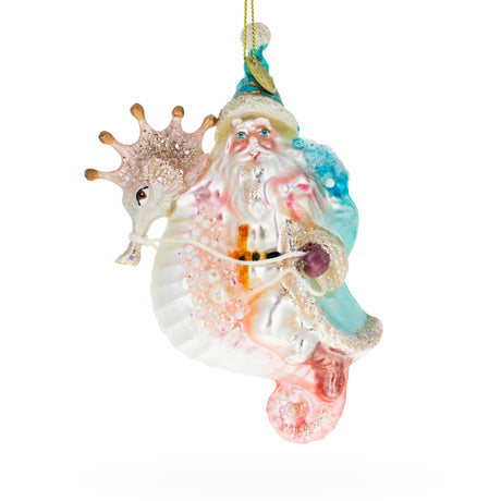 Glass Seaside Fantasy: Nautical Santa Riding Seahorse - Blown Glass Christmas Ornament in Multi color