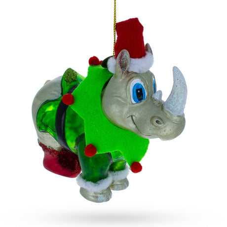 Glass Festive Rhino in Santa Hat - Blown Glass Christmas Ornament in Multi color