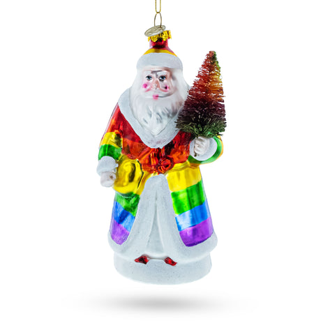 Glass Rainbow-Clad Santa Holding a Christmas Tree - Blown Glass Christmas Ornament in Multi color