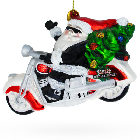 Glass Biker Santa in Black Leathers Delivering Christmas Tree Blown Glass Ornament in Multi color