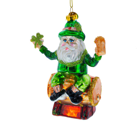 Glass Jolly Irish Santa Sitting on a Whiskey Barrel - Blown Glass Christmas Ornament in Multi color