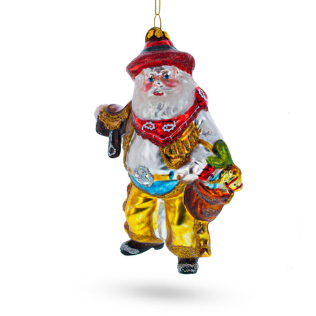 Glass Rodeo Santa in Cowboy Gear - Blown Glass Christmas Ornament in Multi color