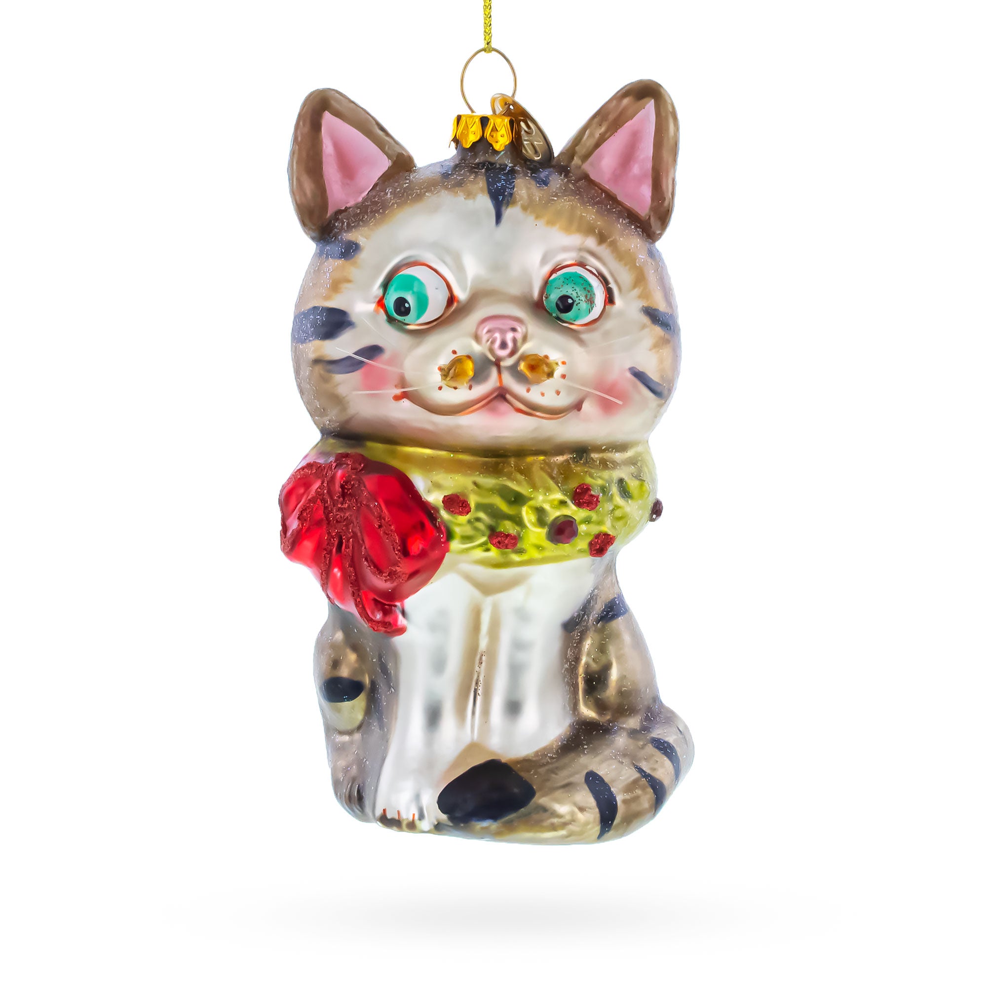 Striped Cat with Scarf Glass Christmas Ornament in Multi color Figurine
