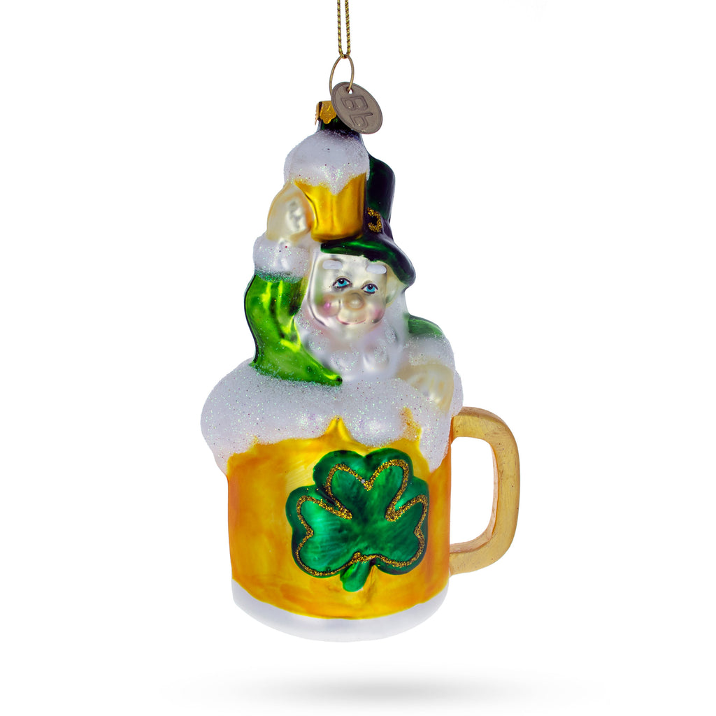 Glass Leprechaun Lounging in a Beer Mug - Blown Glass Christmas Ornament in Multi color
