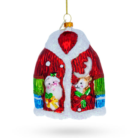 Glass Festive Christmas Jacket Adorned with Santa and Reindeer - Blown Glass Christmas Ornament in Multi color