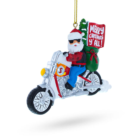 Glass Santa on Festive Motorcycle - Resin Christmas Ornament in Multi color