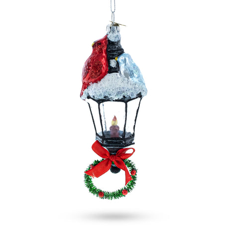 Glass Red Cardinal Perched on Snow-Capped Lantern - Blown Glass Christmas Ornament in Multi color