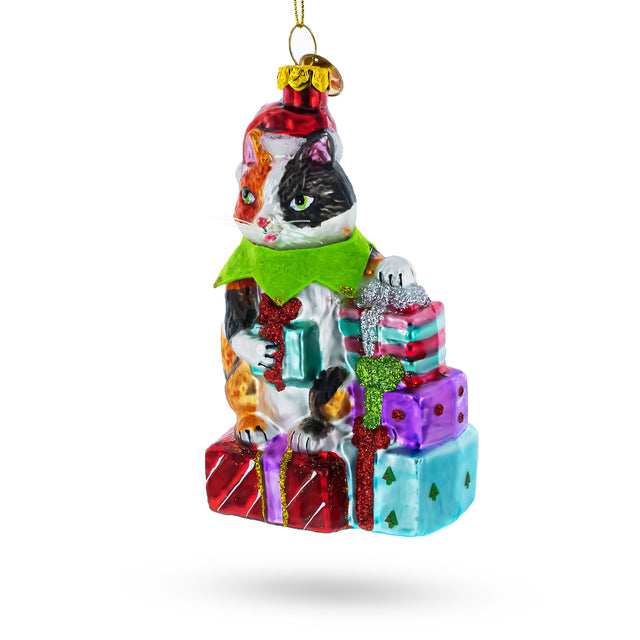 Glass Festive Cat Surrounded by Gift Boxes - Blown Glass Christmas Ornament in Multi color