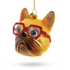 Glass Hipster Bulldog in Ruby-Red Glasses - Blown Glass Christmas Ornament in Orange color