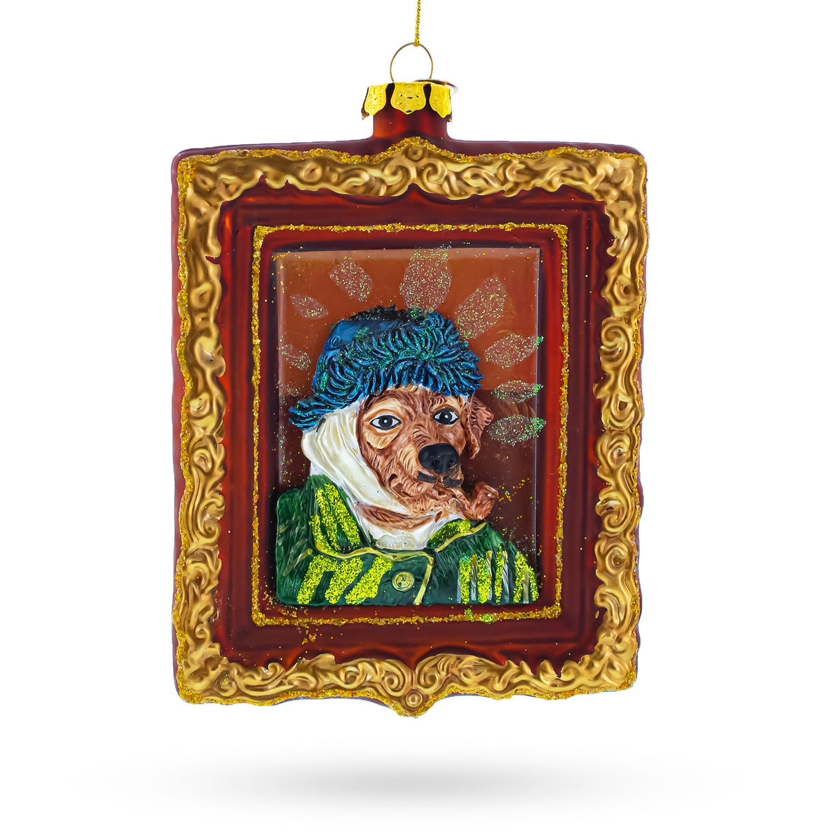 Glass Van Gogh Inspired Dog Portrait - Blown Glass Christmas Ornament in Multi color Square