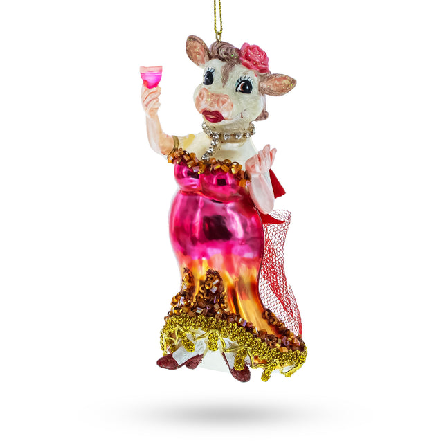 Glass Pink-Dressed Cow with Wine Glass - Blown Glass Christmas Ornament in Multi color