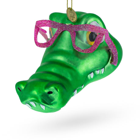 Glass Alligator Head with Glasses - Blown Glass Christmas Ornament in Green color