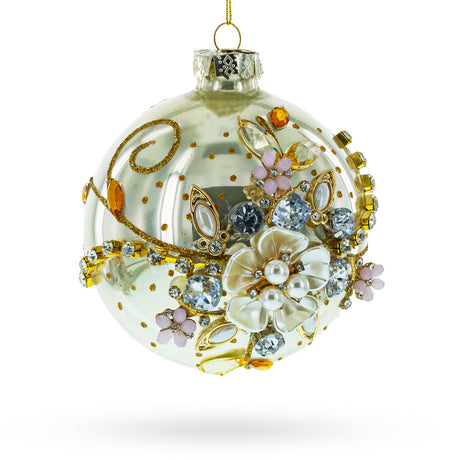 Glass Exquisite Jeweled Flowers Adorning - Blown Glass Ball Christmas Ornament in Silver color Round