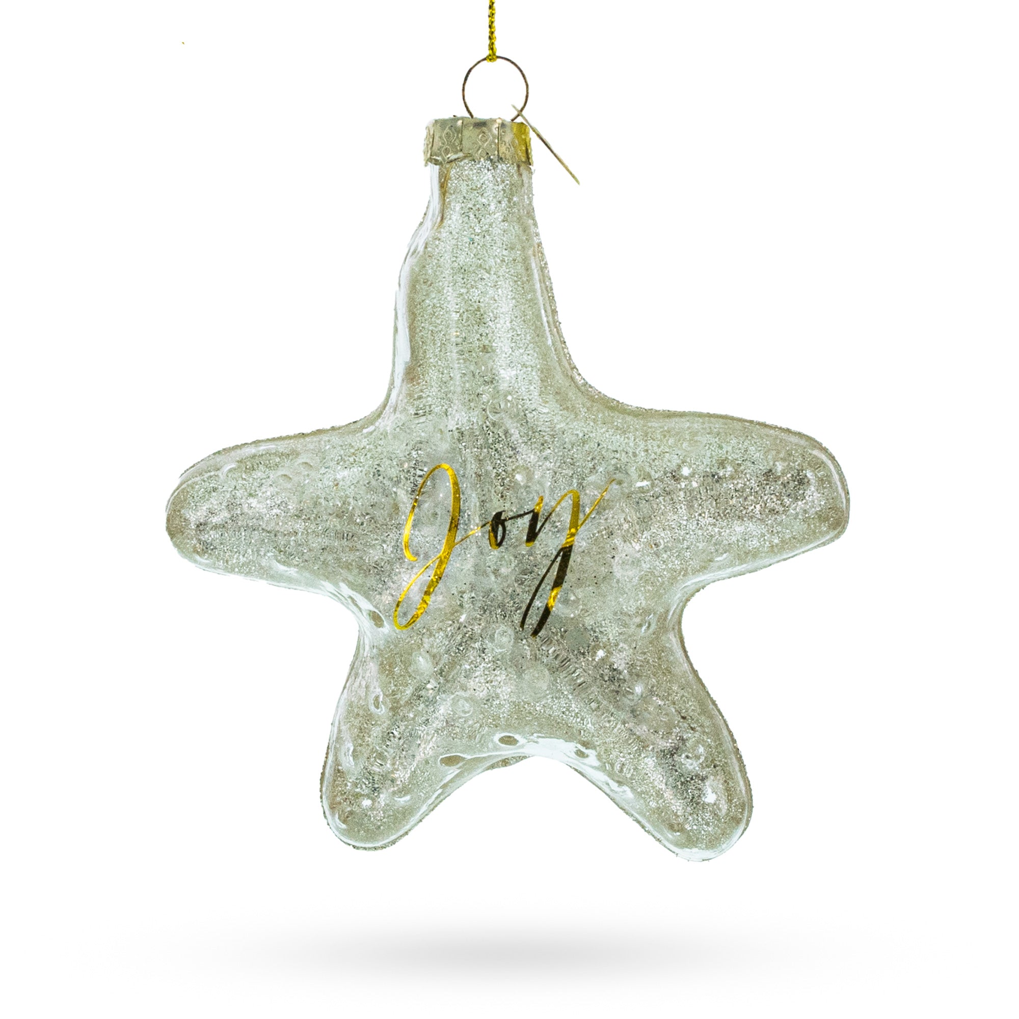 Golden Gleaming Star "Joy" Blown Glass Christmas Ornament in Clear color Star