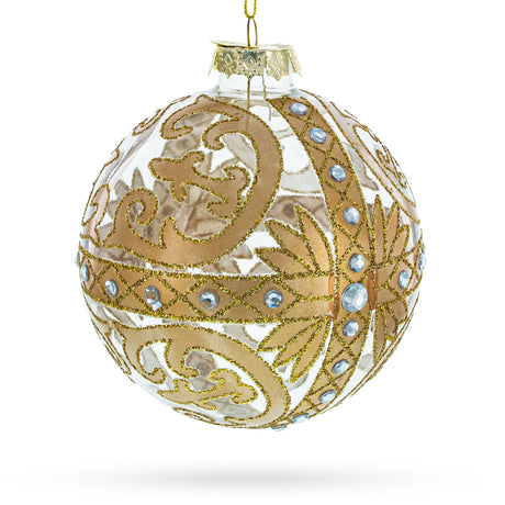 Glass Gold Scroll with Jewel Accents - Opulent Blown Glass Ball Christmas Ornament in Gold color Round