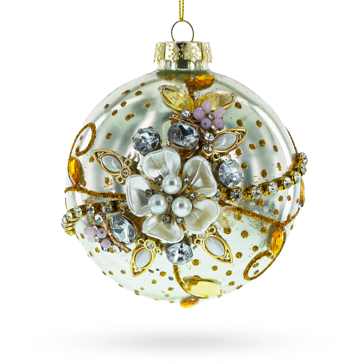 Glass Jeweled Flowers - Exquisite Blown Glass Ball Christmas Ornament in Silver color