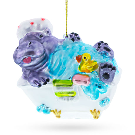 Glass Hippo Taking Bath - Blown Glass Christmas Ornament in Multi color