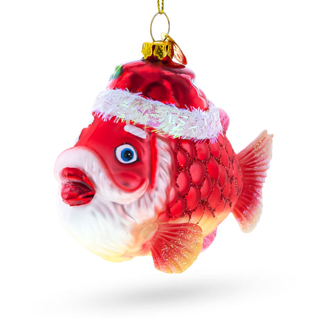 Glass Grandpa Fish in Santa Hat Blown Glass Christmas Ornament in Red color
