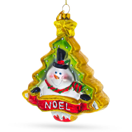 Snowman NOEL Christmas Tree - Blown Glass Ornament in Green color, Triangle shape