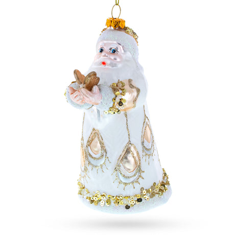 Glass Santa in White Coat Blown Glass Christmas Ornament in White color