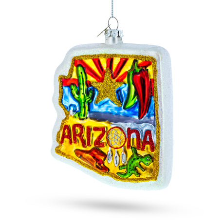 Glass Arizona State Map and Symbols - Blown Glass Christmas Ornament in Blue color