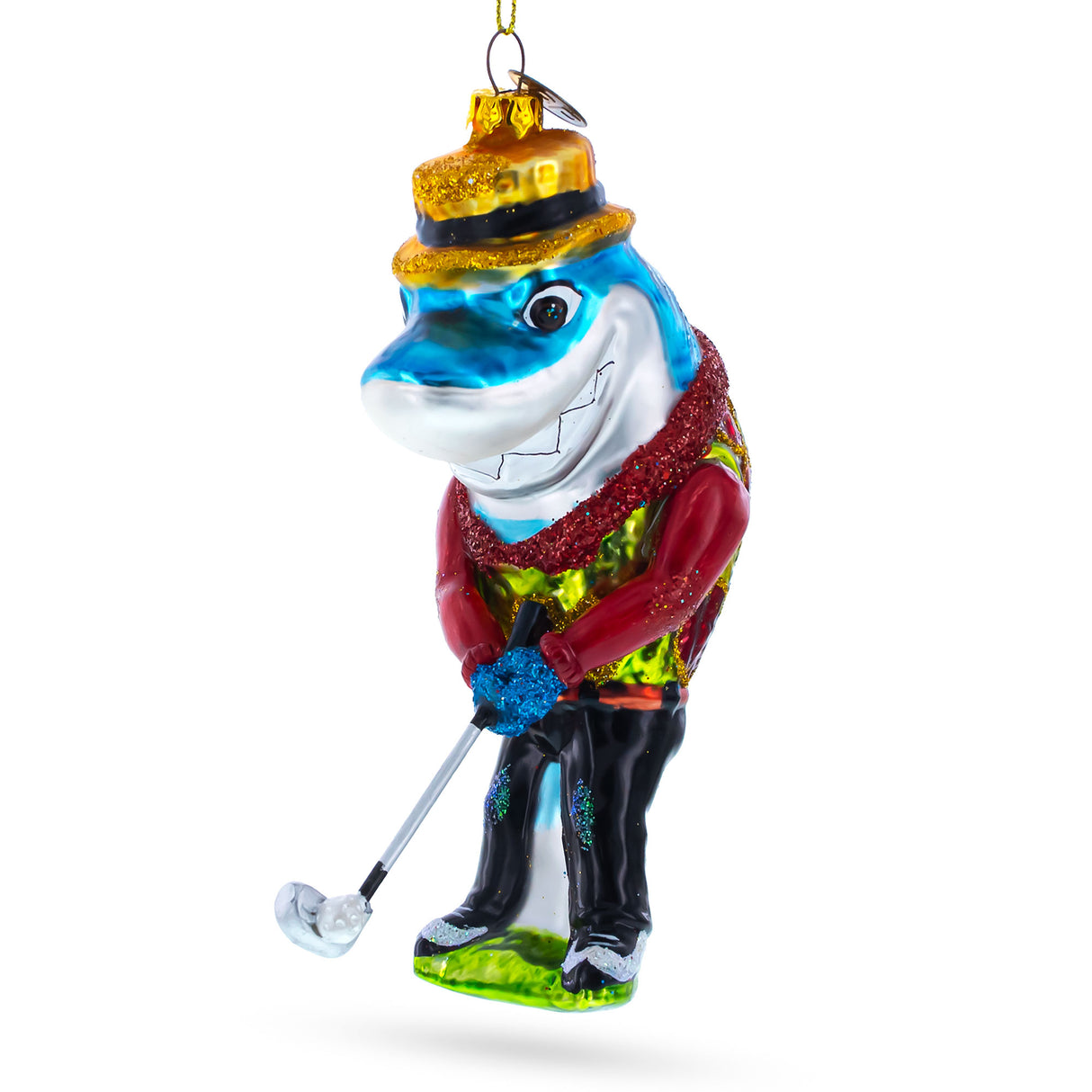 Glass Competitive Shark Playing Golf - Blown Glass Christmas Ornament in Multi color