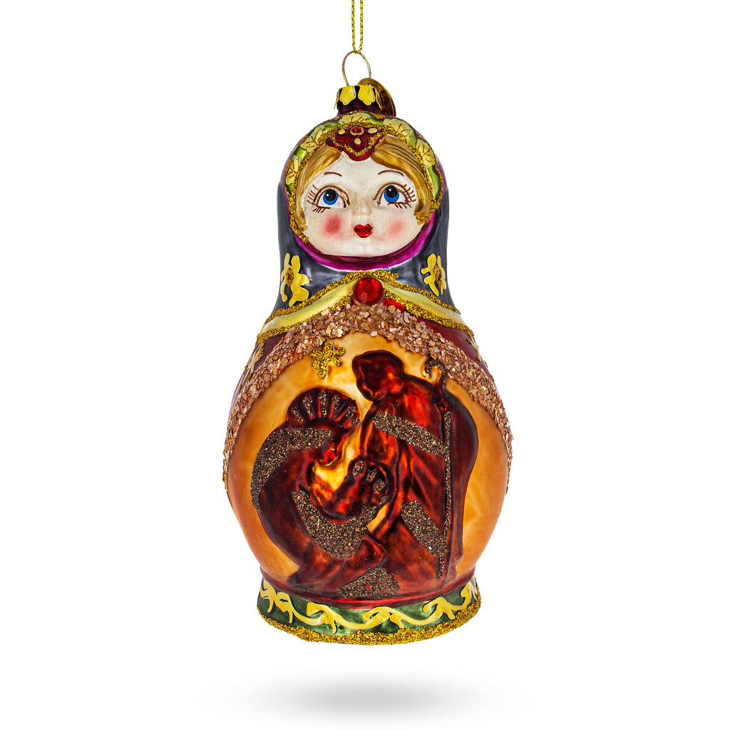Glass Enchanting Matryoshka Doll with Nativity Scene - Blown Glass Christmas Ornament in Multi color