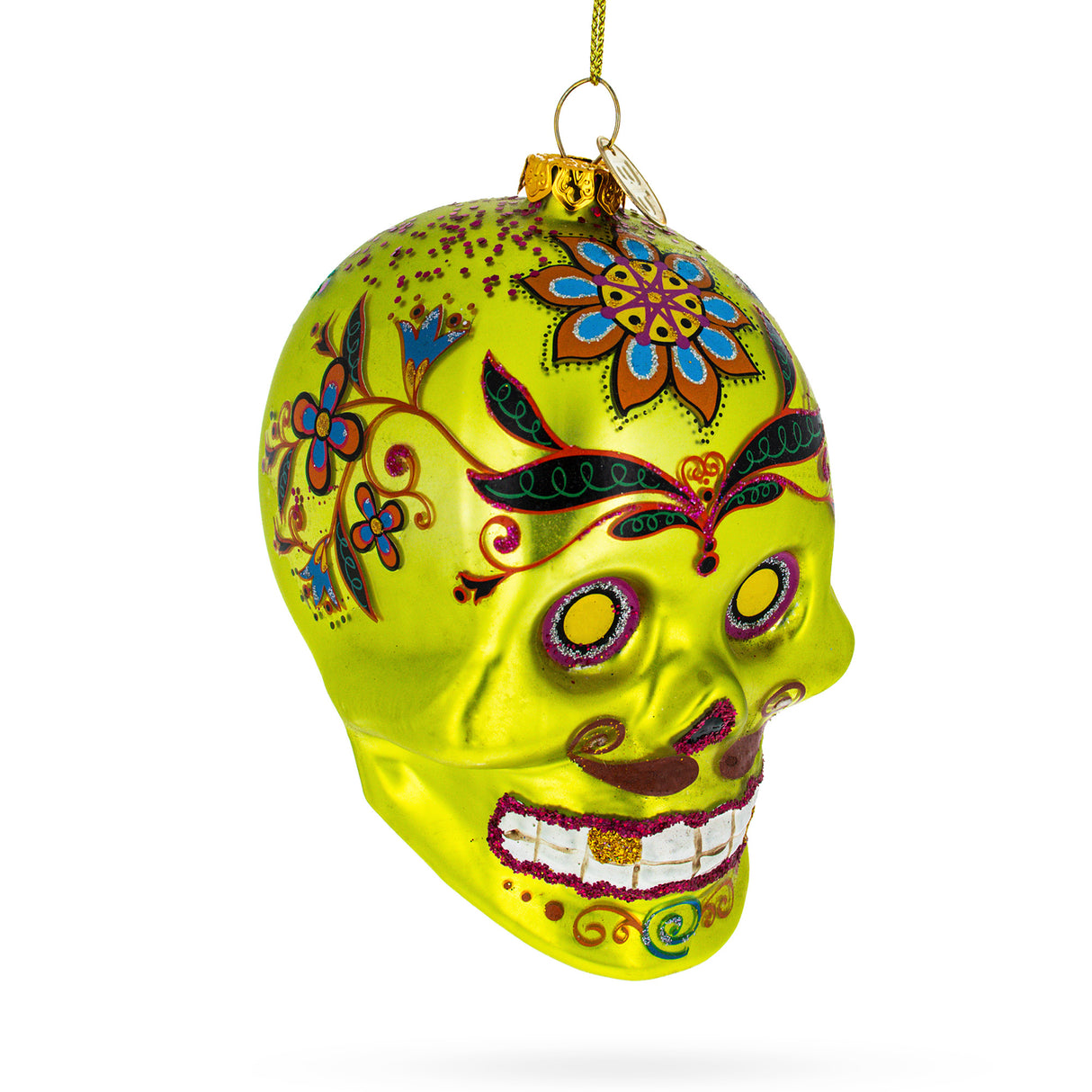 Glass Ornate Decorated Skull - Blown Glass Christmas Ornament in Green color