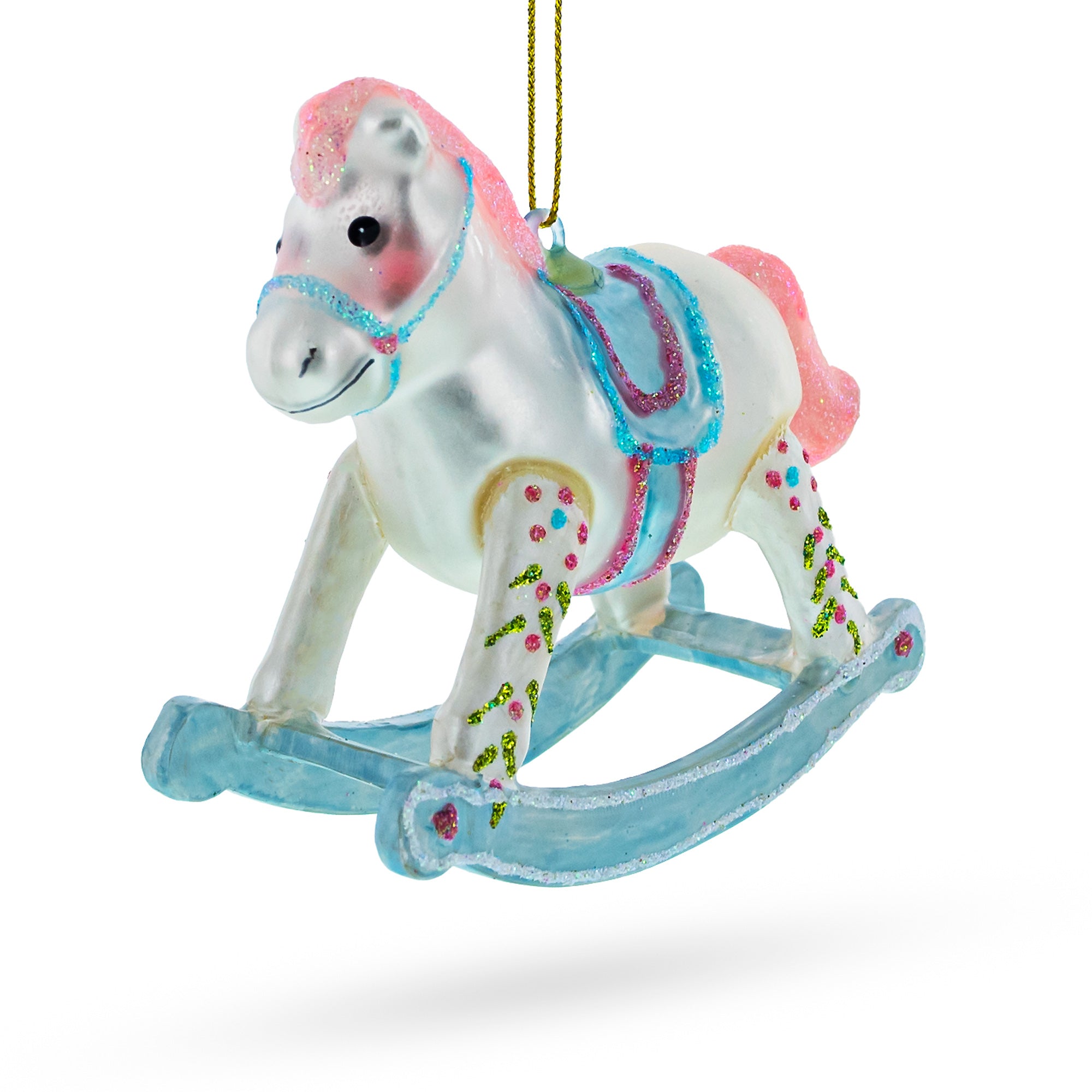 Baby’s First Rocking Horse Glass Christmas Ornament in White color Figurine