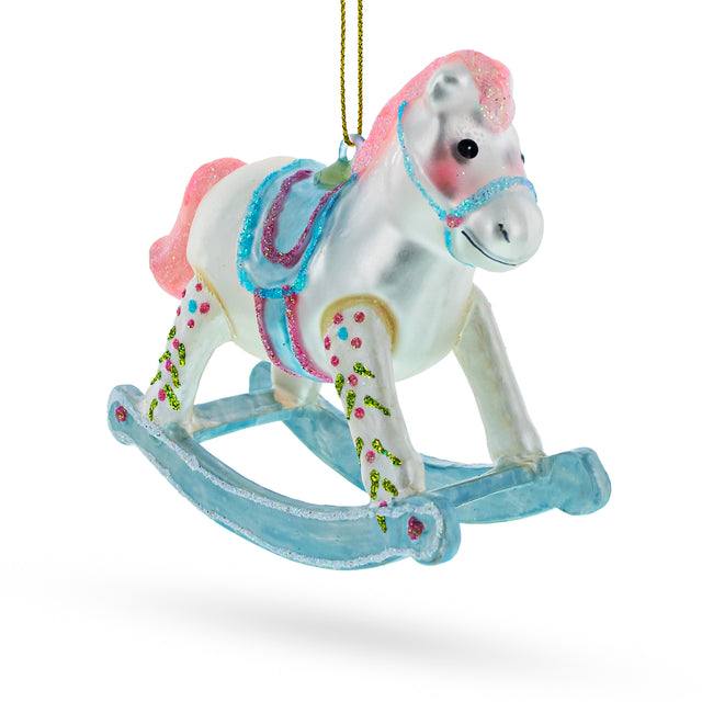 Glass Baby Boy's Blue Rocking Horse - Lovable Blown Glass Christmas Ornament in White color