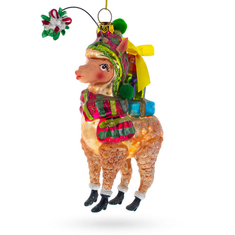 Glass Colorful Lama Carrying Gifts - Blown Glass Christmas Ornament in Multi color