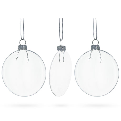 Set of 3 Flat Disc Clear - Blown Glass Christmas Ornaments 2.85 Inches (73 mm) in Clear color, Round shape