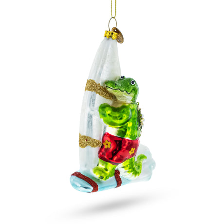 Whimsical Alligator Windsurfer - Blown Glass Christmas Ornament in Multi color,  shape