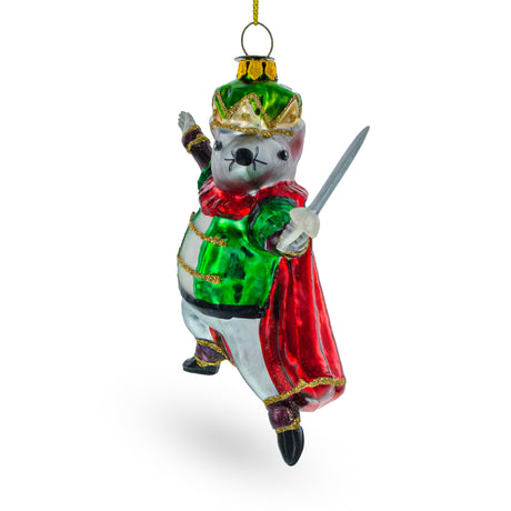 Glass Regal Mouse King Wielding a Sword - Blown Glass Christmas Ornament in Multi color