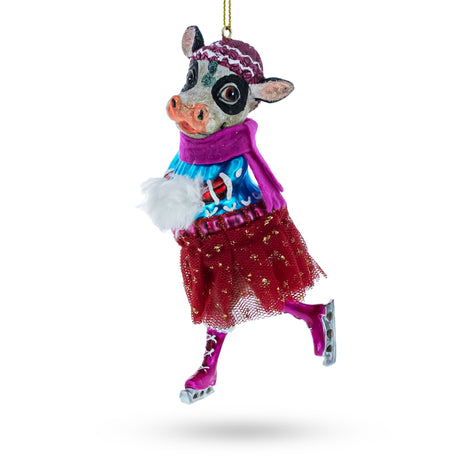 Glass Graceful Cow Ice Skating in Winter Wonderland - Blown Glass Christmas Ornament in Multi color