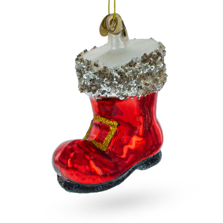 Glass Festive Santa Boot - Blown Glass Christmas Ornament in Red color